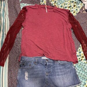 Women's Burgundy Lace-Sleeve Hoodie Pullover